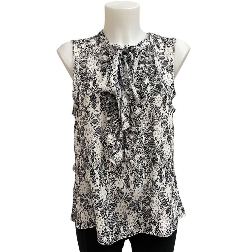 L'AGENCE Black & White Lace-Print Sleeveless Ruffle Tie Blouse